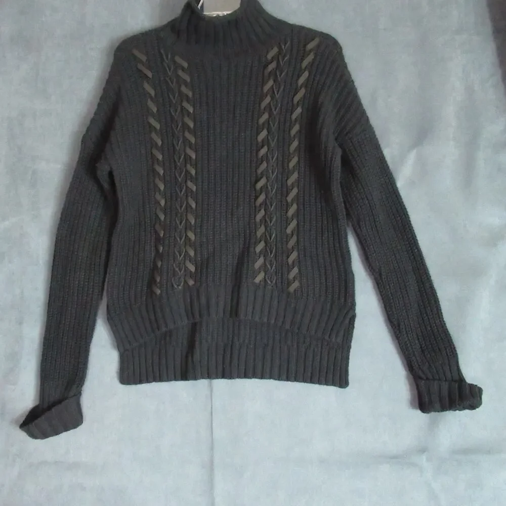 Express Sweater Womens Small Black Knit Ribbon Moto Long Sleeve Goth Grunge Punk